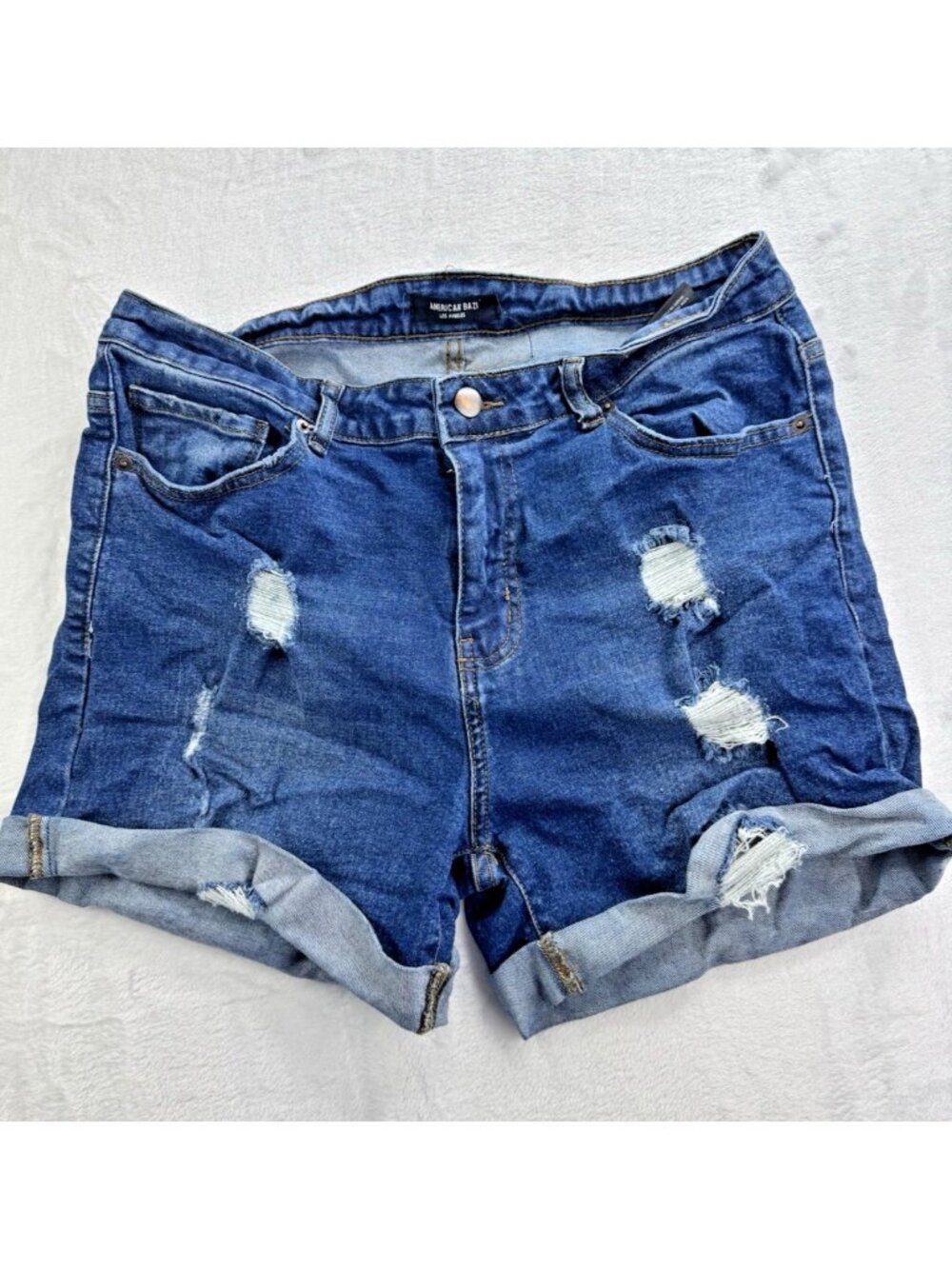 American Bazi Size L Women Denim Jean Shorts Distress High Rise Stretch Med Wash